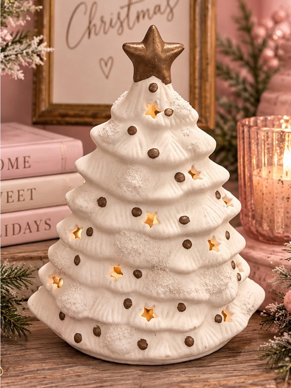 White Ceramic Christmas Tree with Gold Star Holiday Accent 7” Tall